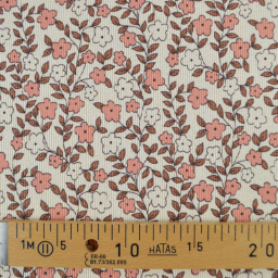 Tissu jersey côtelé bio motif fleurs roses et caramel fond naturel