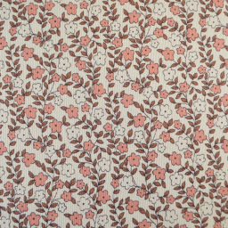 Tissu jersey côtelé bio motif fleurs roses et caramel fond naturel