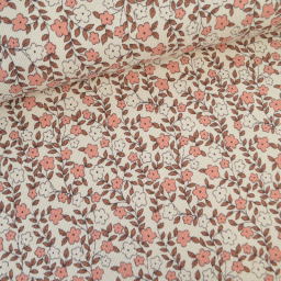 Tissu jersey côtelé bio motif fleurs roses et caramel fond naturel