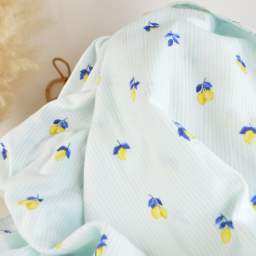 Double gaze à rayures bleues et blanches motif citrons - OEKO TEX
