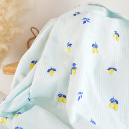Double gaze à rayures bleues et blanches motif citrons - OEKO TEX