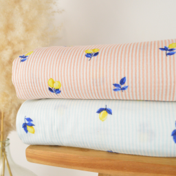 Double gaze à rayures bleues et blanches motif citrons - OEKO TEX