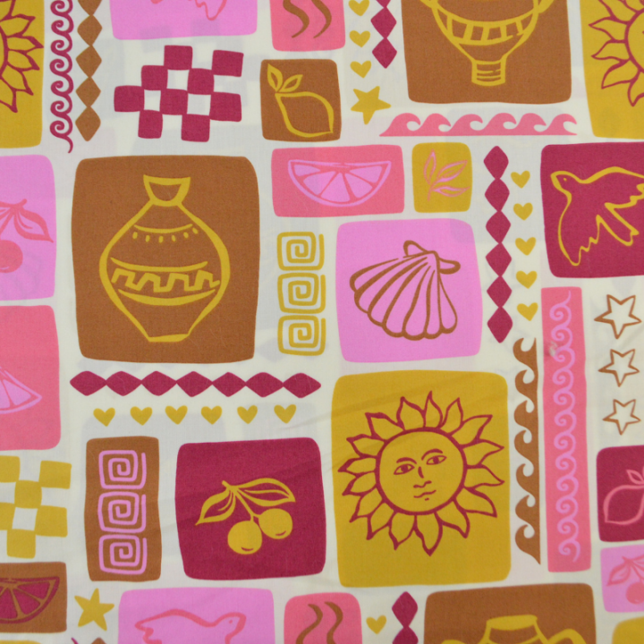 Tissu popeline de coton Poppy – motif patchwork d'été fond blanc cassé