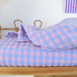 Tissu seersucker Vichy grands carreaux Bleu indigo et rose