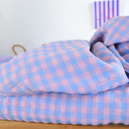 Tissu seersucker Vichy grands carreaux Bleu indigo et rose