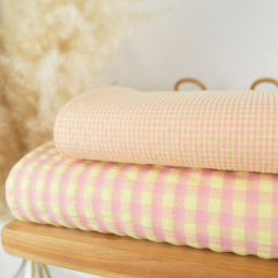 Tissu seersucker Vichy petits carreaux rose et jaune pâle