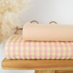 Tissu seersucker Vichy petits carreaux rose et jaune pâle