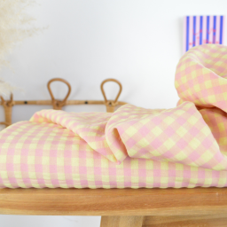 Tissu seersucker Vichy grands carreaux rose et jaune pâle