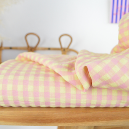 Tissu seersucker Vichy grands carreaux rose et jaune pâle