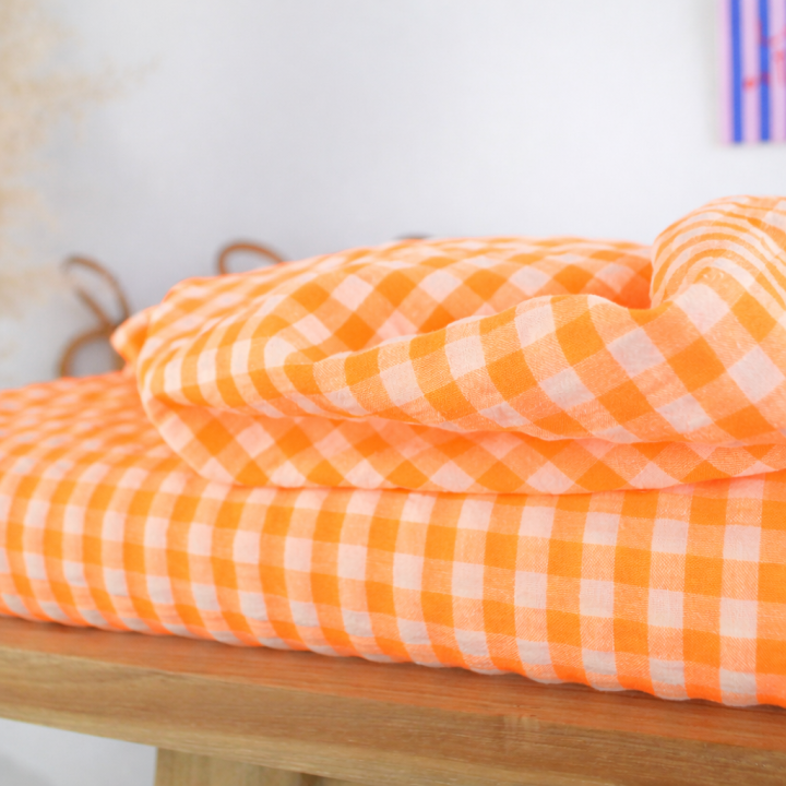 Tissu seersucker Vichy grands carreaux Orange fluo