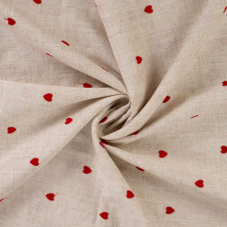 Tissu viscose lin brodé coeurs rouges - fond sable