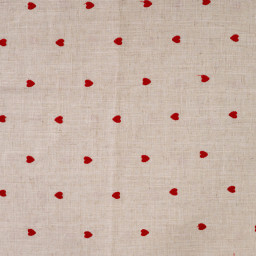 Tissu viscose lin brodé coeurs rouges - fond sable