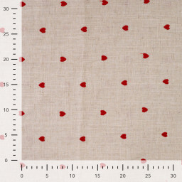 Tissu viscose lin brodé coeurs rouges - fond sable