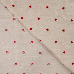 Tissu viscose lin brodé coeurs rouges - fond sable