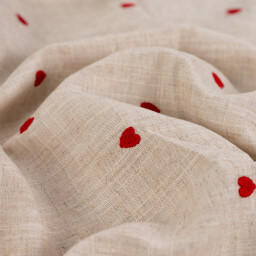 Tissu viscose lin brodé coeurs rouges - fond sable