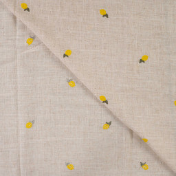 Tissu viscose lin brodé citrons jaunes - fond sable