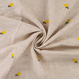 Tissu viscose lin brodé citrons jaunes - fond sable