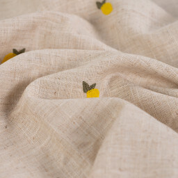 Tissu viscose lin brodé citrons jaunes - fond sable