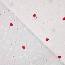 Tissu broderie anglaise brodé coeurs rouges fond blanc