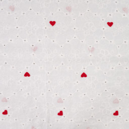 Tissu broderie anglaise brodé coeurs rouges fond blanc