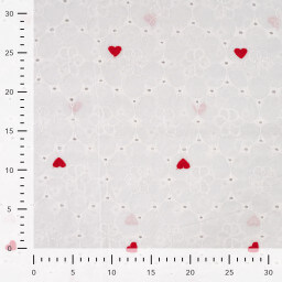 Tissu broderie anglaise brodé coeurs rouges fond blanc