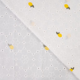 Tissu broderie anglaise brodé citrons jaunes fond blanc
