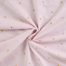 Tissu Seersucker Rose Nude Rayures Fines Brodé Marguerites – Coton Léger Été