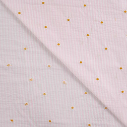 Tissu Seersucker Rose Nude Rayures Fines Brodé Marguerites – Coton Léger Été