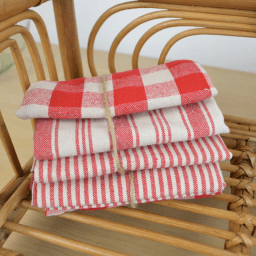 Lot de 3 torchons de cuisine Vichy et rayures rouge & naturel