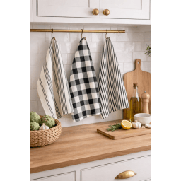 Lot de 3 torchons de cuisine Vichy et rayures Noir & naturel