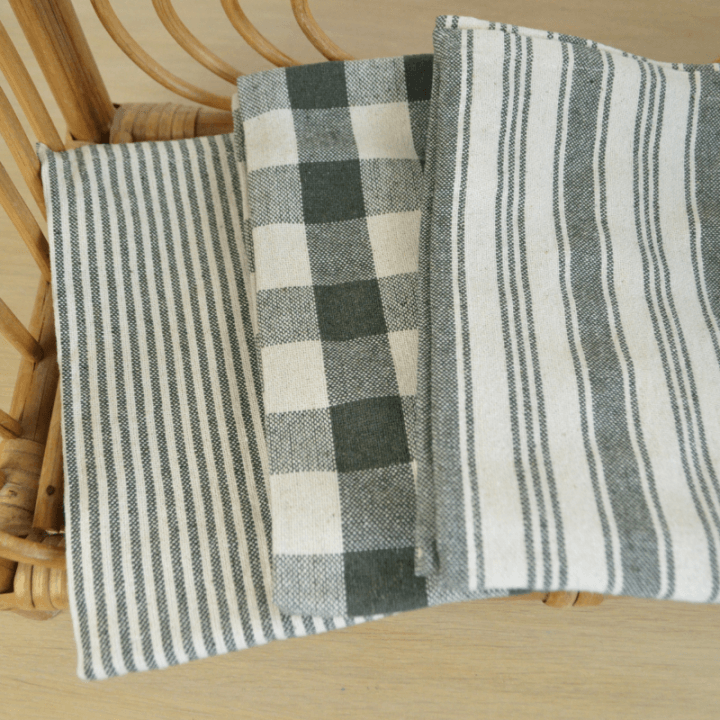 Lot de 3 torchons de cuisine Vichy et rayures Kaki & naturel