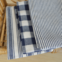 Lot de 3 torchons de cuisine Vichy et rayures Indigo & naturel