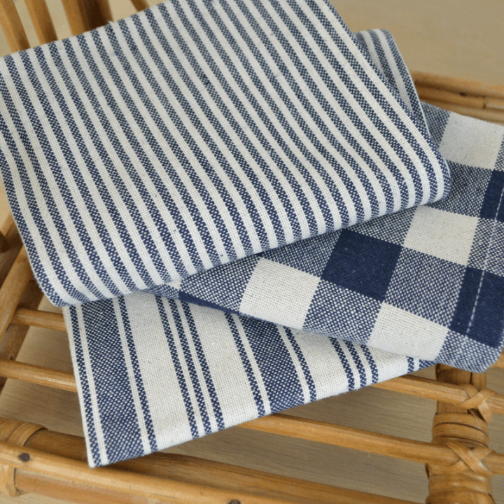Lot de 3 torchons de cuisine Vichy et rayures Indigo & naturel