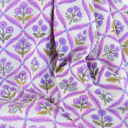 Tissu Block print Indien Mandawa – Motif fleurs lilas et blanc