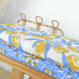 Tissu Block print Indien – Motif citrons fond bleu