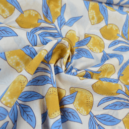 Tissu Block print Indien – Motif citrons fond bleu