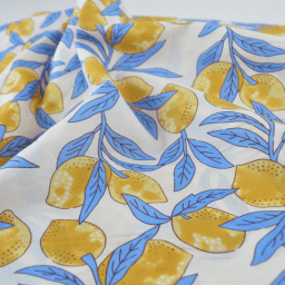 Tissu Block print Indien – Motif citrons fond bleu