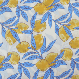 Tissu Block print Indien – Motif citrons fond bleu