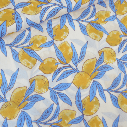 Tissu Block print Indien – Motif citrons fond bleu
