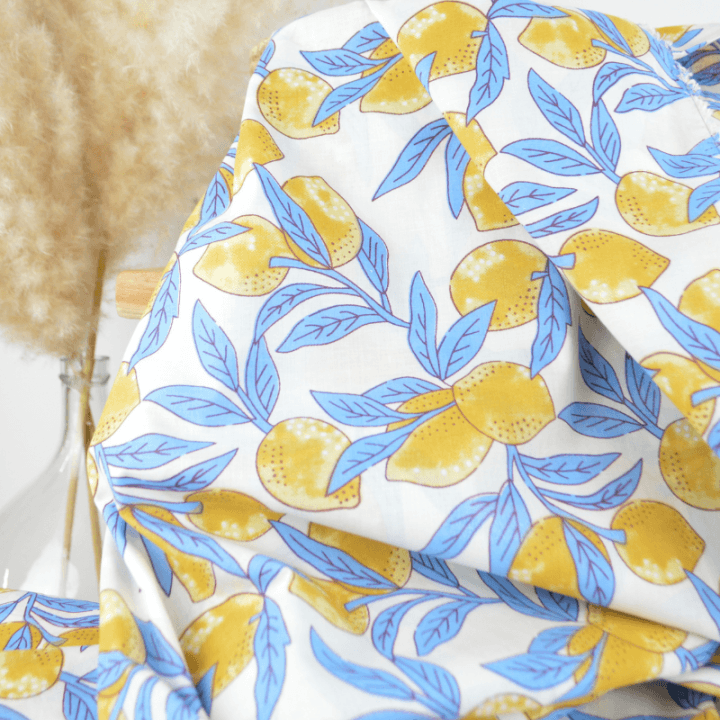 Tissu Block print Indien – Motif citrons fond bleu