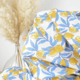 Tissu Block print Indien – Motif citrons fond bleu