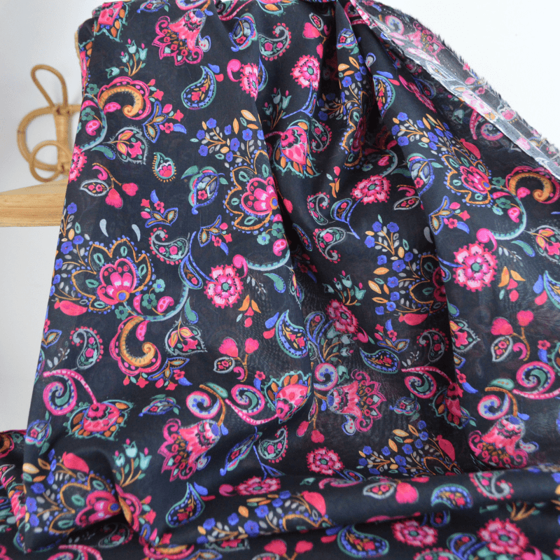 Coupon De Tissu Voile De Coton Fleuri Bleu - 1 à 2 Mètres, Largeur 140cm, Motif Petites Fleurs