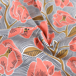Tissu voile de coton motif fleurs corail et ocre fond rayé