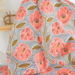 Tissu voile de coton motif fleurs corail et ocre fond rayé