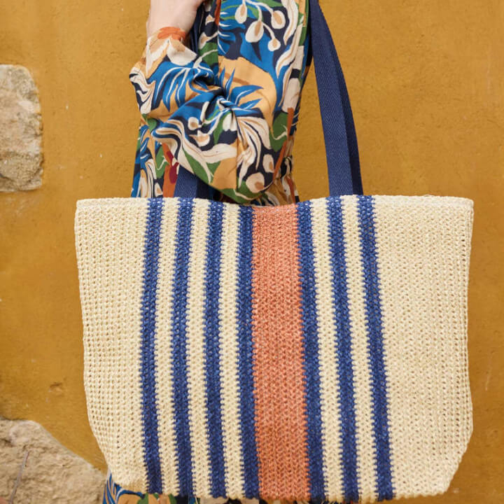 Tissu raphia naturel - Rayures marine