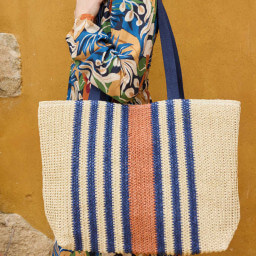 Tissu raphia naturel - Rayures marine