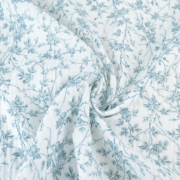 Double gaze de coton Bio & OEKO TEX Jeannine motifs fleurs bleues Bridgerton
