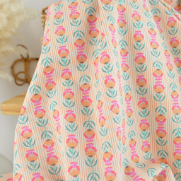 Tissu Cretonne de Coton Suri motif fleurs roses et vertes
