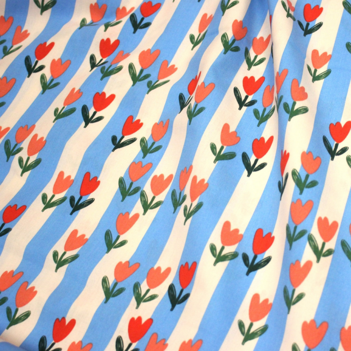 Tissu Cretonne de Coton Tulip motif tulipes et rayures bleues