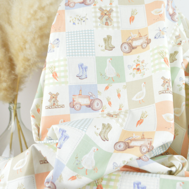Tissu cretonne coton Magdy motif patchwork de la ferme -  OEKO TEX